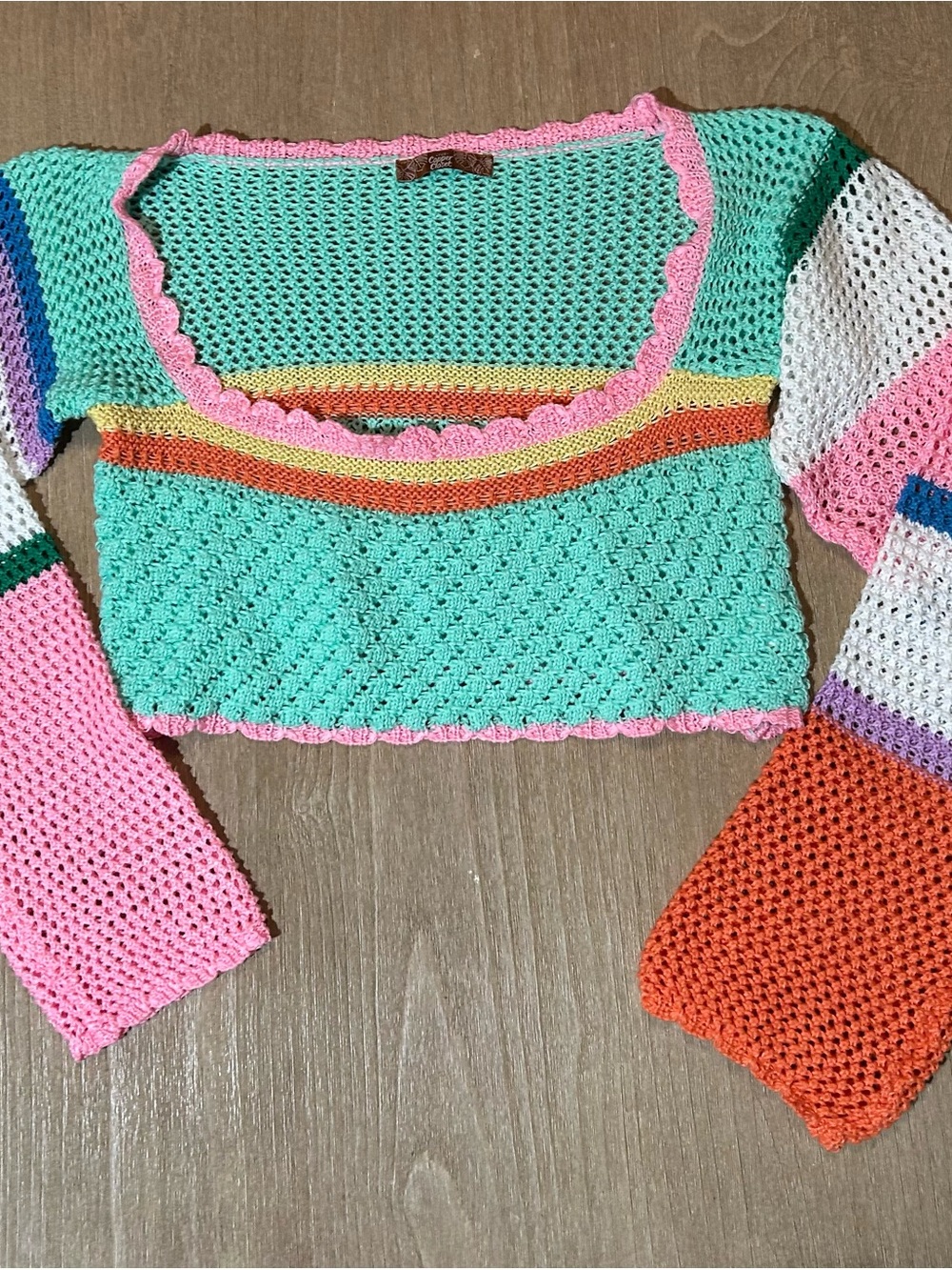 The Copper Closet Crochet Knit Colorblock Sweater Top Small Retro Y2K
